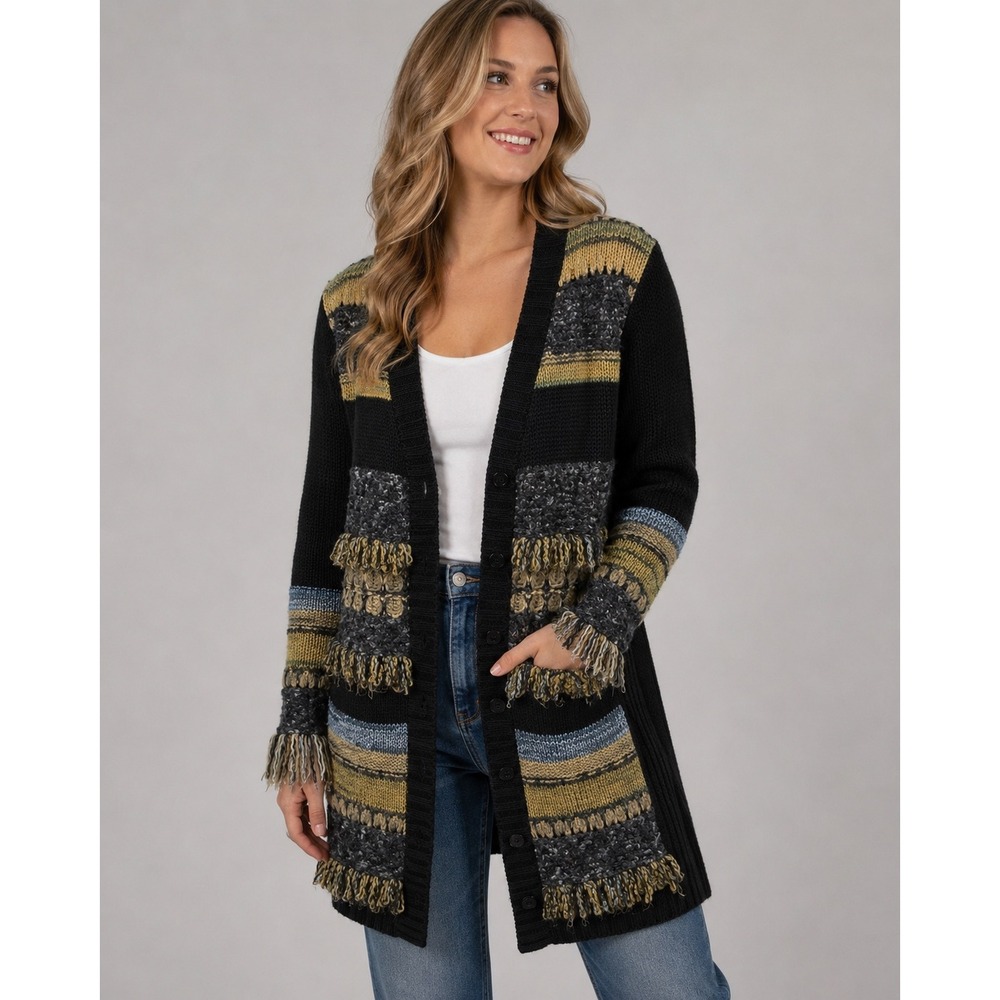 Mirror Image Cardigan Womens L Patch Boho Fringe Shaggy Heart Longline Sweater